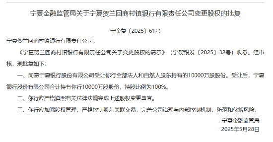 宁夏银行获准受让宁夏贺兰回商村镇银行全部股份